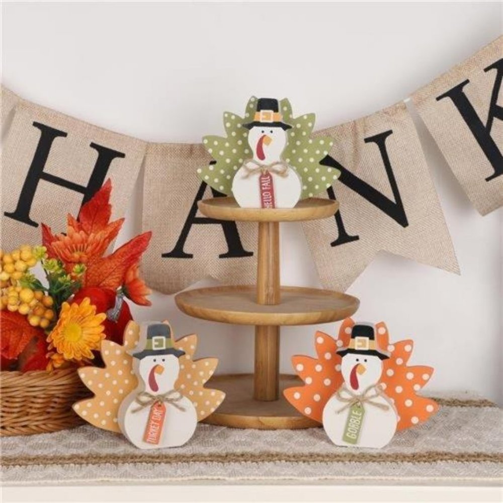 Thanksgiving Fall Decorations, Set of 3 Tabletop Turkey Decor Wood Table Sign